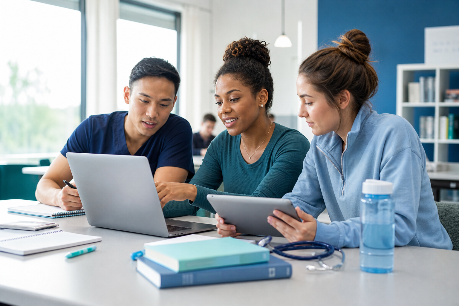 Three nursing students studying together with a laptop and tablet